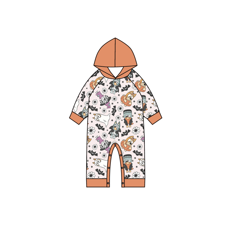 preorder LR0381 Cartoon Dogs Orange Long Sleeves Hoodie Kids Romper