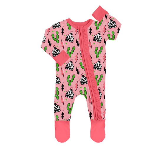 preorder LR0385 Cactus Cow Print Pink Long Sleeves Girls Romper