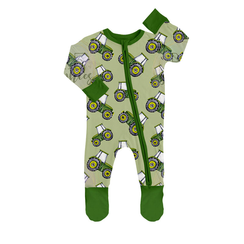 preorder LR0386 Farm Tractor Green Long Sleeves Boys Romper