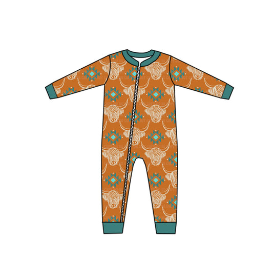 preorder LR0103 Western Highland Cow Brown Long Sleeves Boys Romper