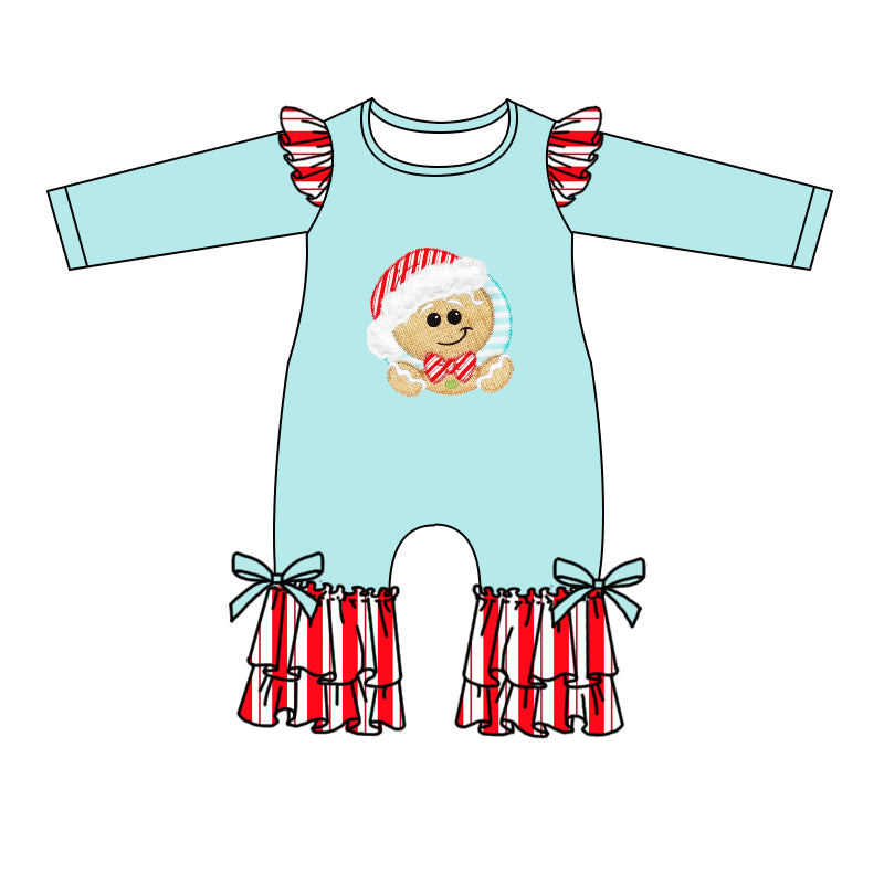 preorder LR0416 Christmas Gingerbread Man Blue Long Sleeves Girls Romper