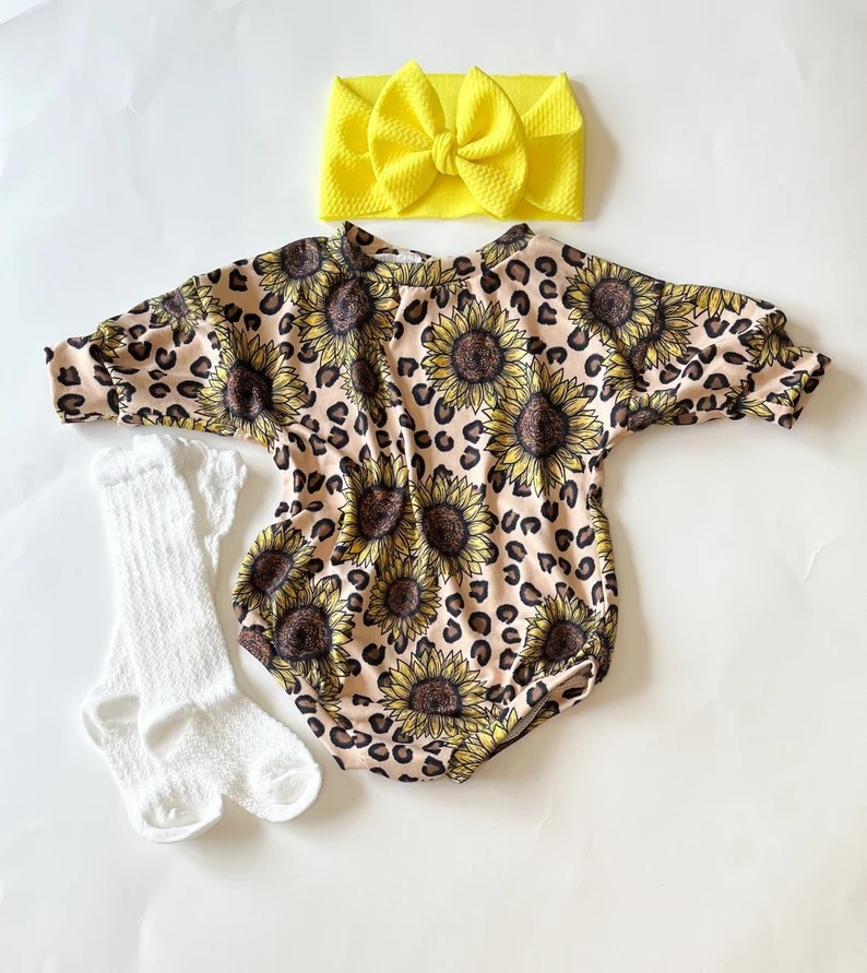 preorder LR0421 Sunflowers Leopard Long Sleeves Kids Romper