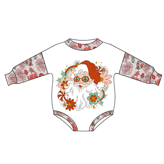 preorder LR0424 Christmas Santa Claus Flowers Long Sleeves Kids Romper