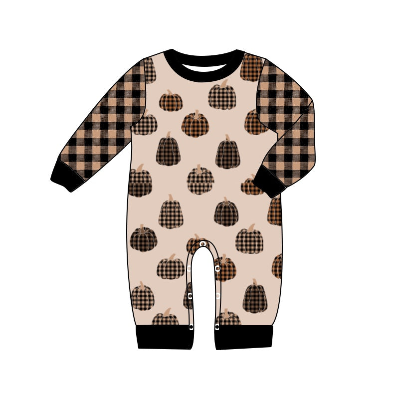 preorder LR0425 Pumpkin Brown Plaid Print Long Sleeves Kids Romper