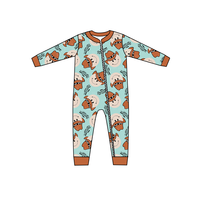 preorder LR0447 Western Christmas Smile Hat Cactus Blue Long Sleeves Kids Romper