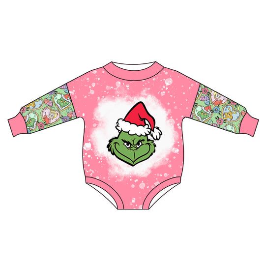 preorder LR0452 Christmas Green Face Long Sleeves Kids Romper