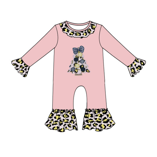 preorder LR0453 Christmas Leopard Tree Pink Long Sleeves Girls Romper