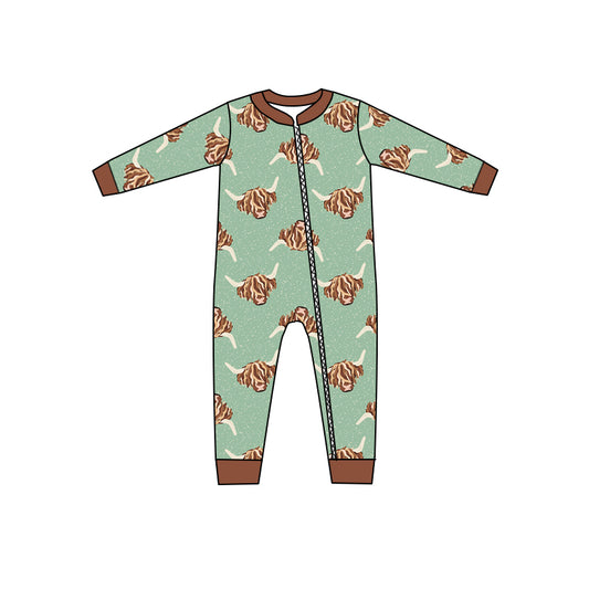 preorder LR0458 Highland Cow Green Long Sleeve Kids Romper