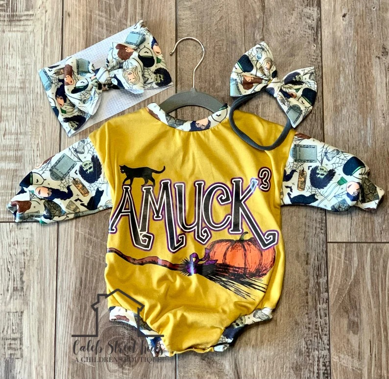 preorder LR0461 Halloween Amuck Pumpkin Yellow Long Sleeve Kids Romper