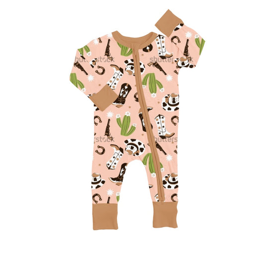 preorder LR0475 Western Cactus Boot Pink Long Sleeve Kids Romper