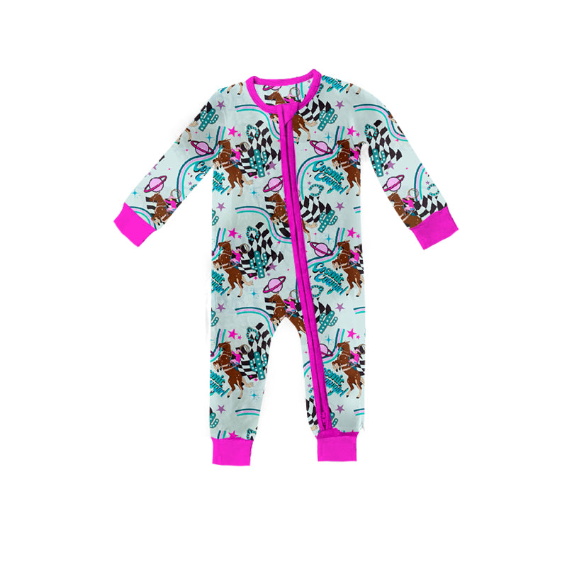 preorder LR0477 Western Cowgirl Hot Pink Long Sleeve Kids Romper