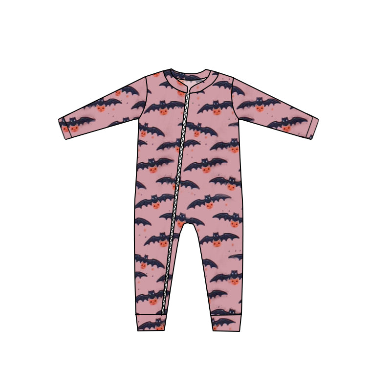 preorder LR0496 Halloween Bat Pumpkin Purple Long Sleeve Kids Romper