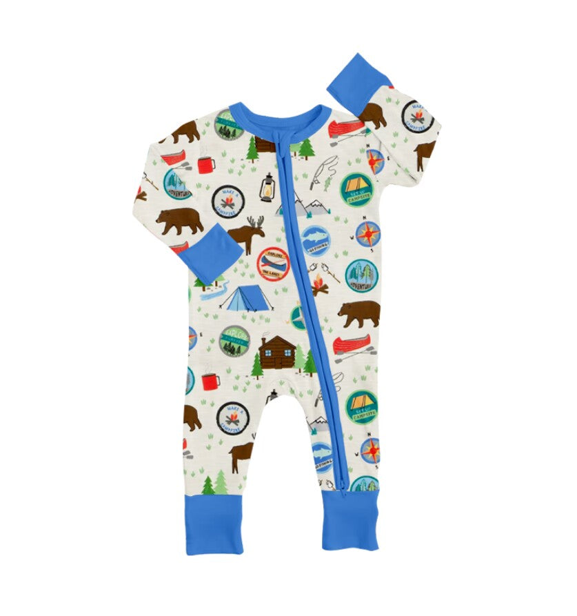 preorder LR0544 Adventure tent bear blue long sleeve kids romper