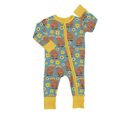 preorder LR0559 Highland cow sunflowers long sleeve kids romper