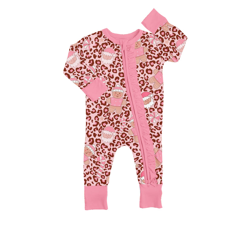 preorder LR0566 Christmas pink leopard gingerbread man long sleeve kids romper