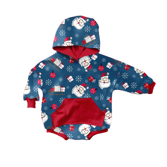 preorderLR0604 Christmas Santa Claus navy pocket long sleeve hoodie kids romper