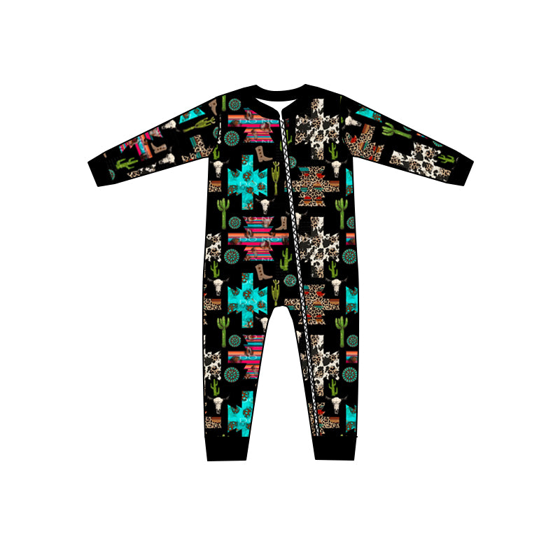 preorder LR0612 Western cactus print black long sleeve kids romper