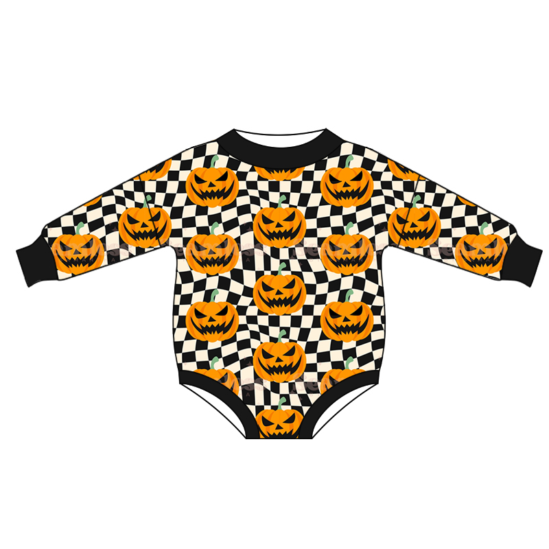 preorder LR0638 Halloween smile pumpkin black plaid long sleeve kids romper