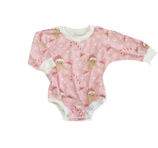 preorder LR0640 Christmas gingerbread man pink long sleeve girls romper