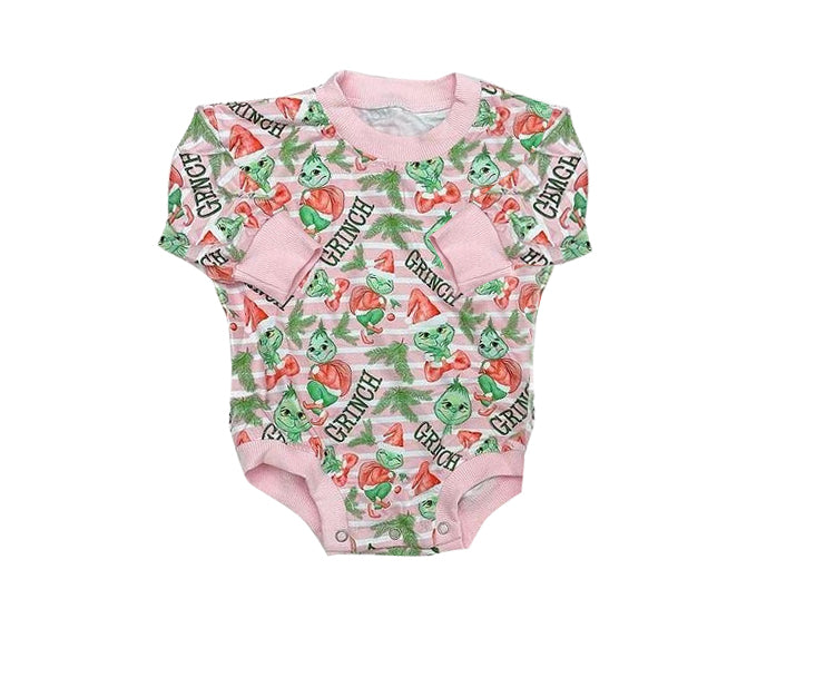 preorder LR0642 Christmas green face pink long sleeve girls romper