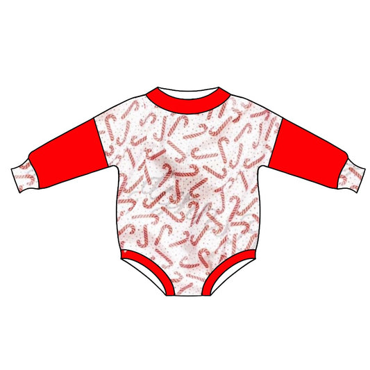 preorder LR0742 Christmas cane candy red long sleeve kids romper