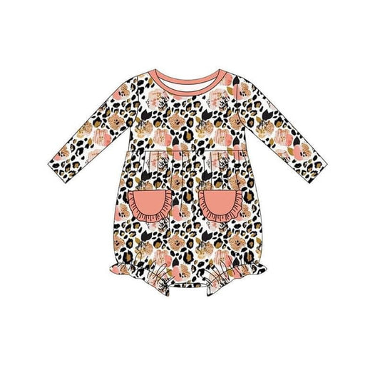 preorder LR0768 Flowers leopard pockets long sleeve girls romper