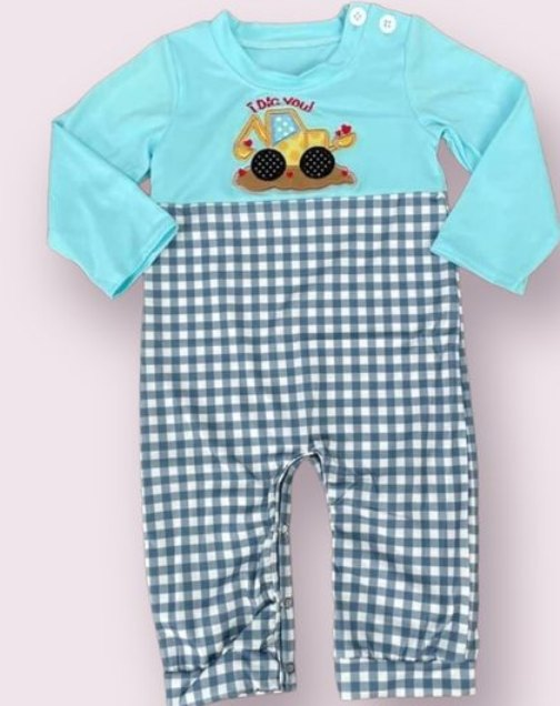 preorder LR0786 Valentine's Day construction truck blue long sleeve kids romper