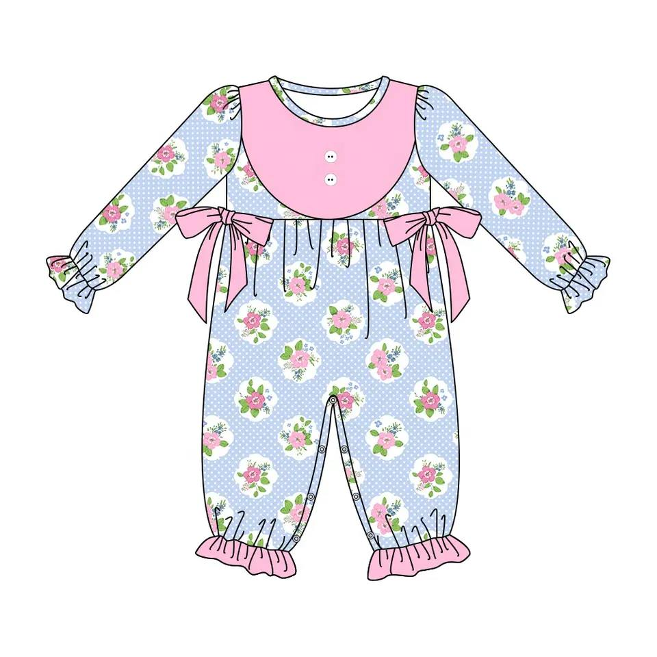 preorder LR0788 Pink flowers blue long sleeve girls romper