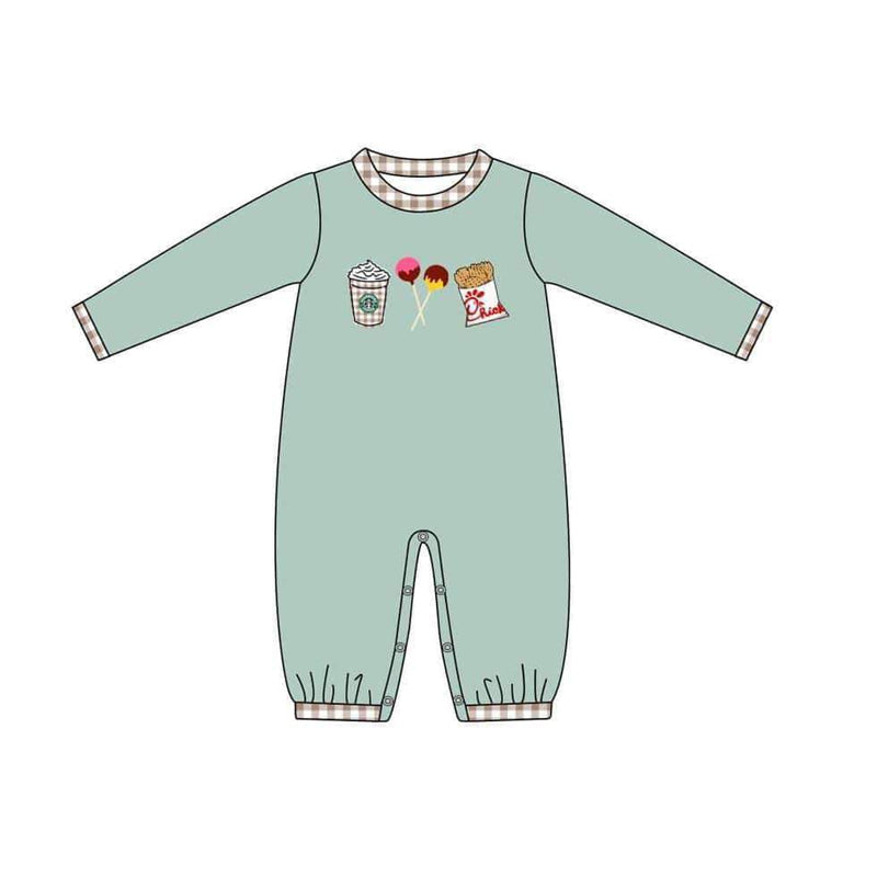 preorder LR0798 Coffee candy fried chicken green long sleeve boys romper