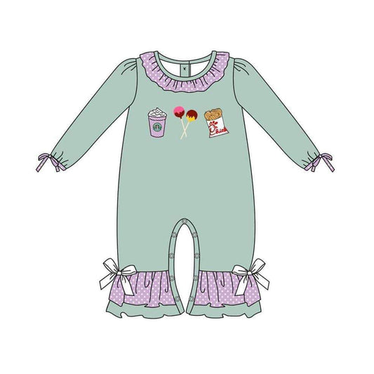 preorder LR0799 Coffee candy fried chicken green long sleeve girls romper
