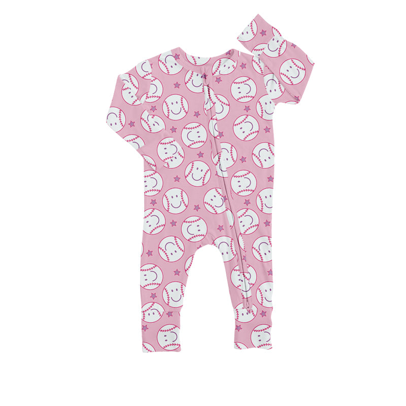 preorder LR0823 Baseball pink long sleeve girls zipper romper