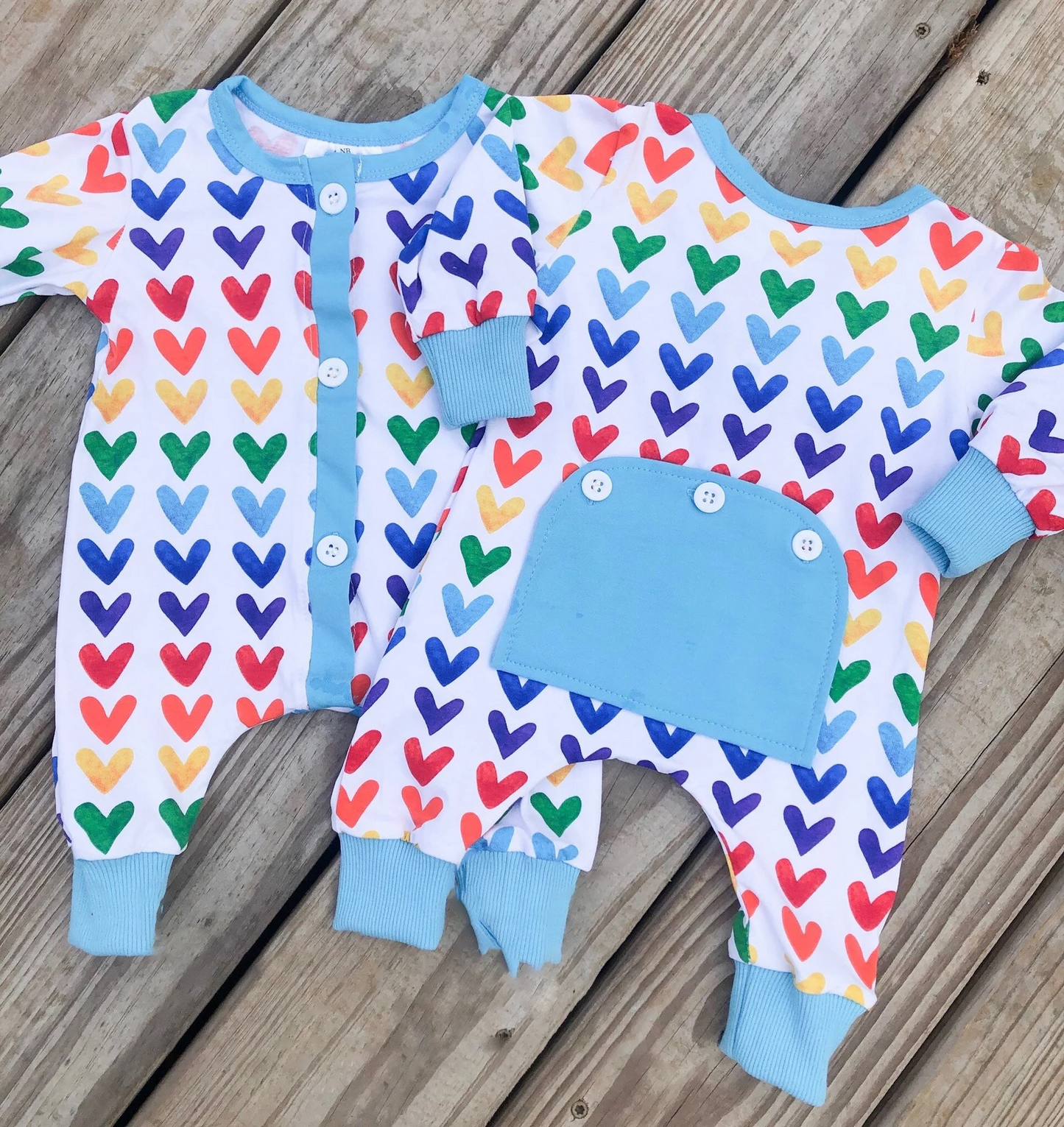 preorder LR0825 Valentine's Day colorful heart blue long sleeve kids romper