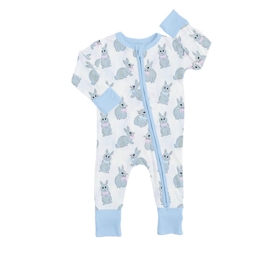 preorder LR0837 Easter rabbit blue long sleeve zipper boys romper