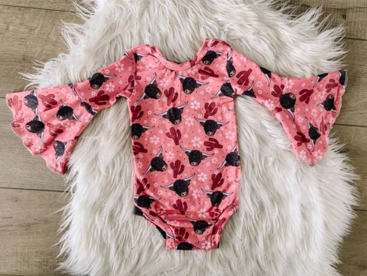 preorder LR0840 Western highland cow cactus hot pink long sleeve girls romper