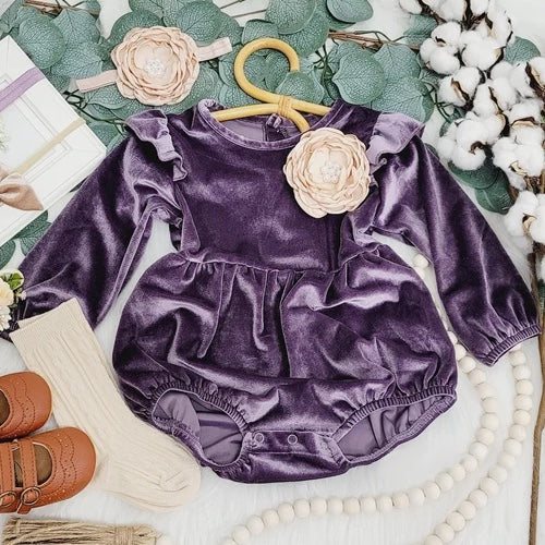preorder LR0841 Purple velvet long sleeve girls romper