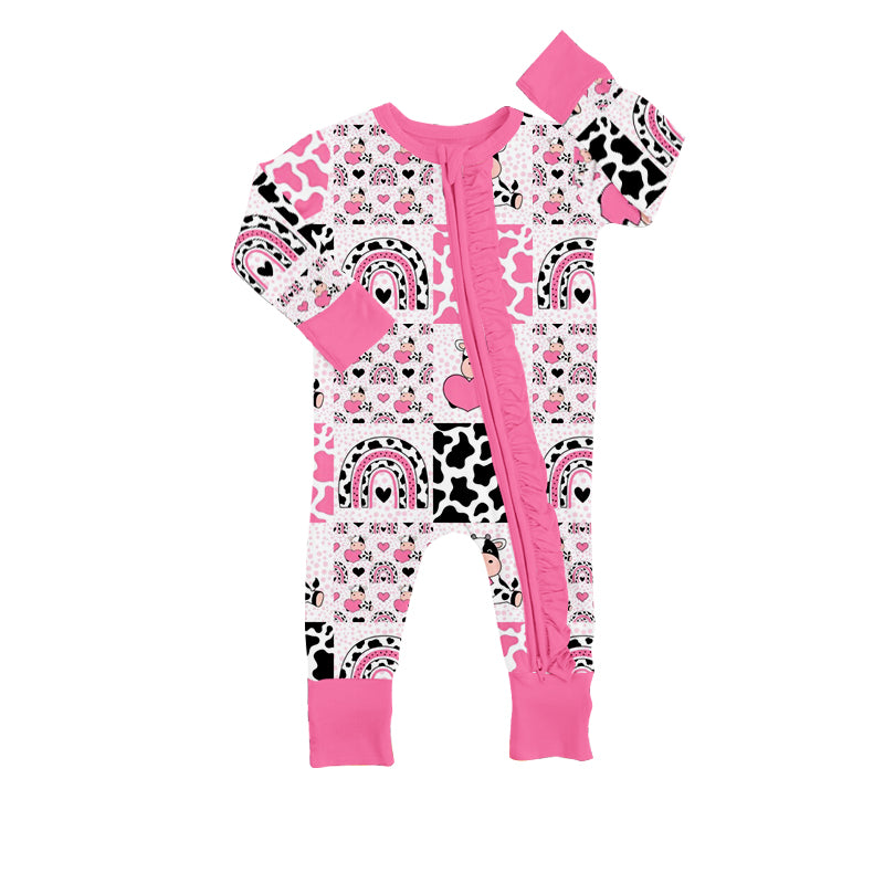 preorder LR0843 Cow print rainbow hot pink zipper long sleeve kids romper