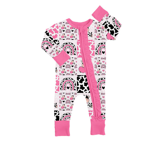 preorder LR0843 Cow print rainbow hot pink zipper long sleeve kids romper