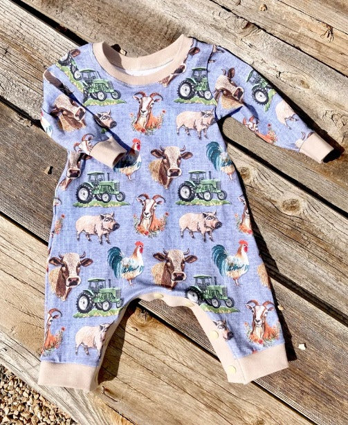 preorder LR0844 Farm animals cow pig tractor long sleeve kids romper