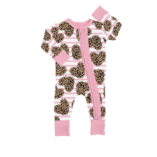 preorder LR0851 Valentine's Day leopard heart pink striped long sleeve girls zipper romper