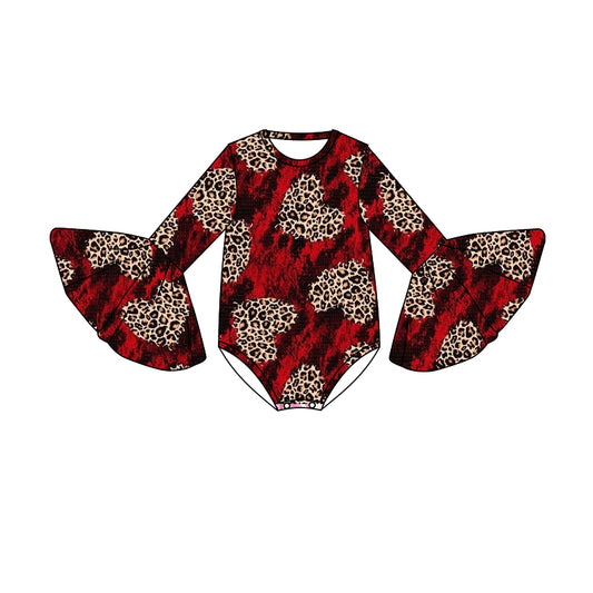 preorder LR0873 Valentine's Day Leopard Heart Red Long Sleeve Girls Romper