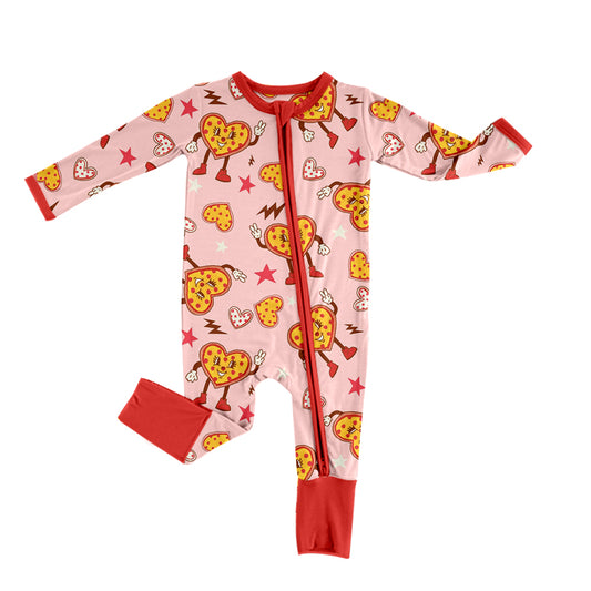 preorder LR0885 Valentine's Day Heart Pizza Pink Long Sleeve Zipper Girls Romper