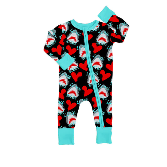 preorder LR0891 Baby Boy Heart Baby Shark Love Long Sleeve Boys Zipper Romper Kids Valentine's Day Clothes