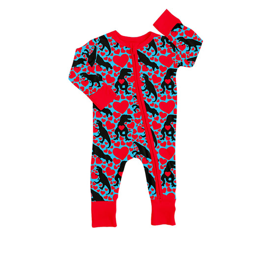 preorder LR0892 Baby Boy Heart Dinosaur Red Long Sleeve Zipper Boys Romper Kids Valentine's Day Clothes