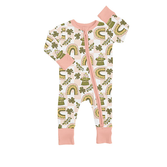 preorder LR0893 Baby Girl Clover Rainbow Pink Checkered Zipper Long Sleeve Girls Romper Kids Saint Patrick Clothes