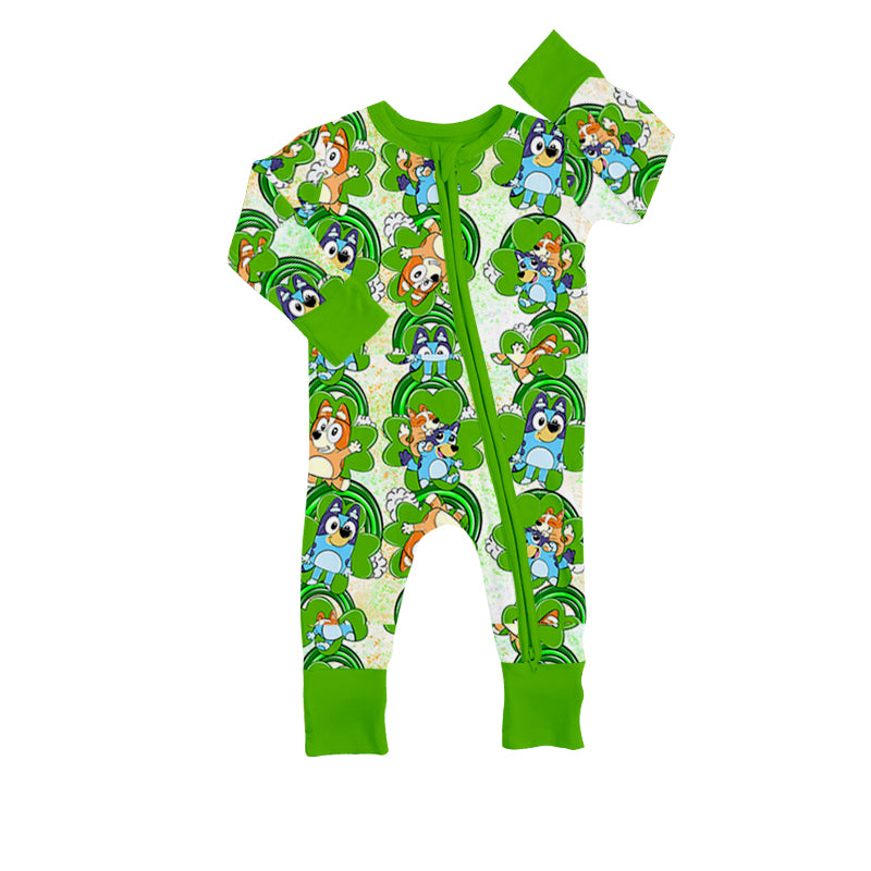 preorder LR0894 Baby Clothes Clover Blue Dog Green Long Sleeve Baby Zipper Romper Kids Saint Patrick Clothes