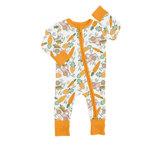 preorder LR0897 Girl Truck Carrot Orange Long Sleeve Zipper Girls Romper Kids Easter Clothes