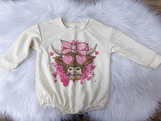 preorder LR0905 Valentines Day Highland Cow Heart Long Sleeve Girls Set