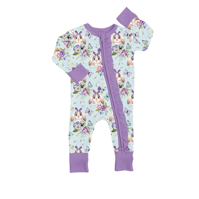 preorder LR0910 Rabbit Butterfly Flowers Purple Long Sleeve Zipper Girls Romper