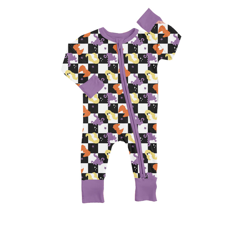 preorder LR0938 Halloween witch plaid purple long sleeve girls zipper romper