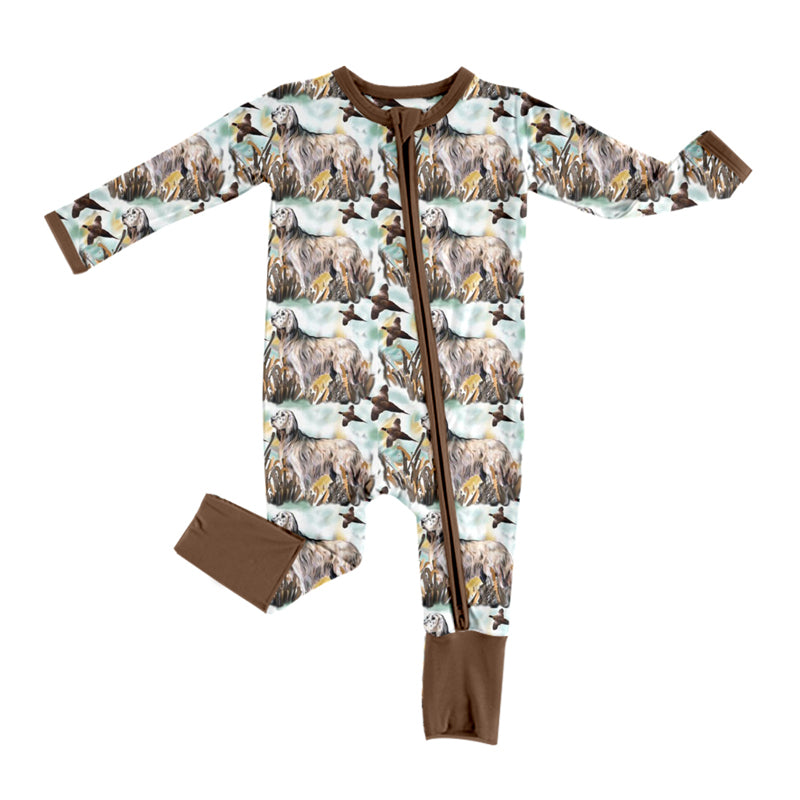 preorder LR0946 hunting mallard dog brown long sleeve zipper boys romper